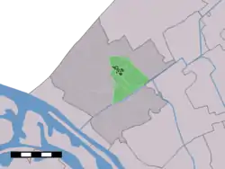 The village (dark green) and the statistical district (light green) of Honselersdijk in the municipality of Westland.
