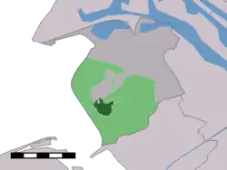 The village centre (dark green) and the statistical district (light green) of Rockanje in the former municipality of Westvoorne.