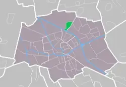 Highlighted position of Noorderhoogebrug in a municipal map of Groningen