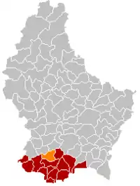 Map of Luxembourg with Reckange-sur-Mess highlighted in orange, and the canton in dark red