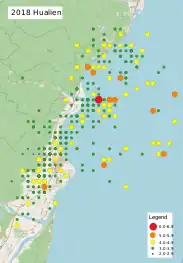Map of 2018 Hualian earthquakes as of 9 February (UTC+8) plotting 359 shocks. Source: Taiwan Central Weather Bureau