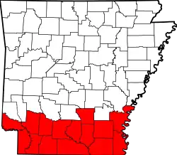South Arkansas' 15 counties highlighted in red.