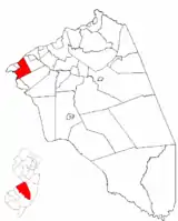 Location of Cinnaminson Township in Burlington County highlighted in red (right). Inset map: Location of Burlington County in New Jersey highlighted in red (left).