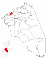 Location of Edgewater Park in Burlington County highlighted in red (right). Inset map: Location of Burlington County in New Jersey highlighted in red (left).