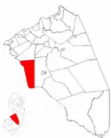 Location of Evesham Township in Burlington County highlighted in red (right). Inset map: Location of Burlington County in New Jersey highlighted in red (lower left).