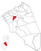 Location of Hainesport Township in Burlington County highlighted in red (right). Inset map: Location of Burlington County in New Jersey highlighted in red (left).