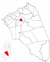 Location of Mount Holly in Burlington County highlighted in red (right). Inset map: Location of Burlington County in New Jersey highlighted in red (left).