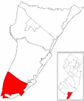 Location of Lower Township in Cape May County highlighted in red (left). Inset map: Location of Cape May County in New Jersey highlighted in red (right).