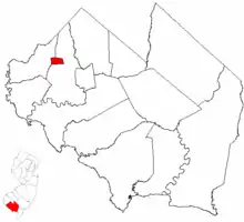 Location of Shiloh in Cumberland County highlighted in red (right). Inset map: Location of Cumberland County in New Jersey highlighted in red (left).