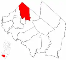 Location of Upper Deerfield Township in Cumberland County highlighted in red (right). Inset map: Location of Cumberland County in New Jersey highlighted in red (left).