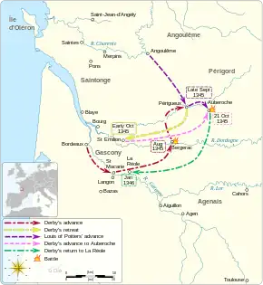 A map of south-west France in 1345 showing the main movements of troops between August and November