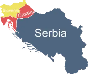 The borders of Greater Serbia as advocated by Serbian Radical politician Vojislav Šešelj, defined by the Virovitica–Karlovac–Karlobag hypothetical boundary to the west.