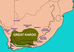 Extent of the Karoo (olive-green) and Little Karoo (bright green) in South Africa, with the names of surrounding areas in blue. The thick interrupted line indicates the course of the Great Escarpment which delimits the Central South African Plateau. To the immediate south and south-west the solid lines trace the parallel ranges of the Cape Fold Belt.