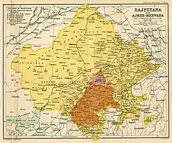 Boundaries of Udaipur State (orange) within Rajputana (yellow), in 1909