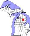 Map of Michigan highlighting Oscoda County
