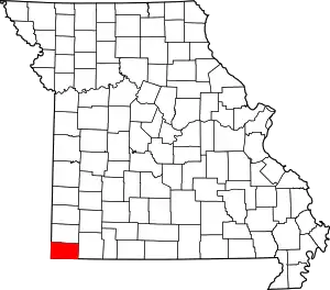 A state map highlighting McDonald County in the southwestern corner of the state.