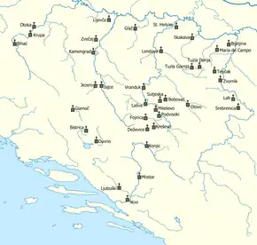 Map of ubicated Franciscan monasteries in 15th century Bosnia in drawing