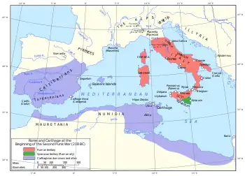 a map of the western Mediterranean region showing the territory controlled by Rome and Carthage in 218 BC