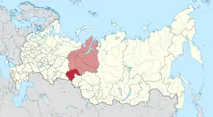 Tyumen Oblast (red) and Khanty-Mansi Autonomous Okrug and Yamalo-Nenets Autonomous Okrug (pink)
