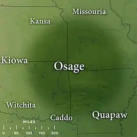  Map featuring traditional Osage influenced lands of the late 17th century; superimposed over present-day northwest Arkansas, southeast Kansas, southwest Missouri, and northeast Oklahoma