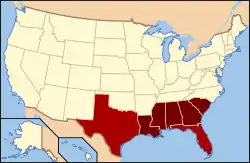 States highlighted are geographically the southernmost states in the contiguous United States. The states in dark red compose what is commonly referred to as the Deep South subregion, while the Deep South overlaps into portions of those in lighter red.