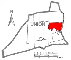 Map of Union County, Pennsylvania highlighting Kelly Township