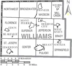 The northern tier of townships in Williams County are within the Toledo Strip. The southern boundary of each lies along the Ordinance Line.