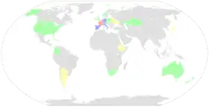 A world map with colours showing how many rider from each nation competed in the 2017 Tour de France.