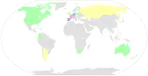 A world map with colours showing how many rider from each nation competed in the 2019 Tour de France.