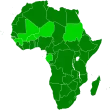 An orthographic projection of the world, highlighting the African Union and its member states (green).