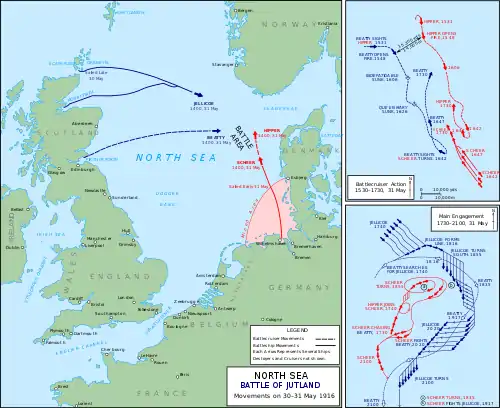 The German fleet sailed to the north and met the British fleet sailing from the west; both fleets conducted a series of turns and maneuvers during the chaotic battle.
