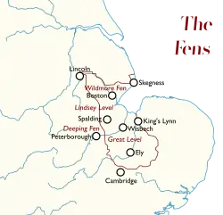 Map of eastern England, showing position of the Fens along with the major settlements within it.