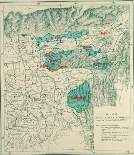 The Boro-Garo languages, as reported in the Language Survey of India 1903.  The annotations are from Burling (2012) p22.