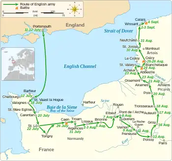 A map of south-east England and north-east France showing the route of the English army