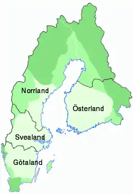 Map of Sweden's three historical lands, the former Swedish province Österland in Finland, and the former historical land of Denmark (Skåneland) in southern Sweden. In the map, the lands have their most recent borders.