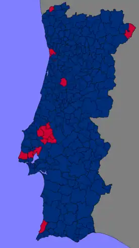 Strongest candidate by municipality. (Continental Portugal only)