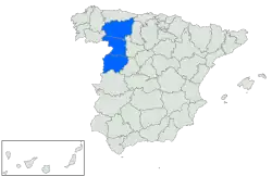 Map showing, in blue, the provinces of the Leonese Country (From top to bottom: León, Zamora, Salamanca).