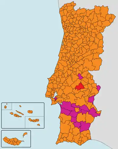 Strongest candidate by municipality: Marcelo - orange; Nóvoa - magenta; Edgar Silva - red.