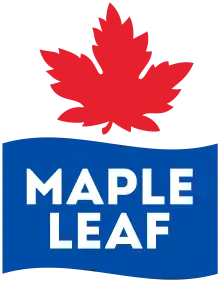 A curved red maple leaf above a curved blue banner that says "Maple Leaf".