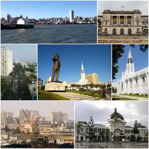 Clockwise, from top: Maputo skyline, Maputo City Hall, Our Lady of the Immaculate Conception Cathedral, Maputo Railway Station, Port of Maputo, Avenida 24 de Julho, and the Samora Machel Statue in Independence Square