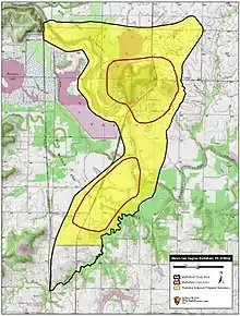 Map showing the core and overall areas of the battlefield, with much of the battlefield area shaded yellow, indicating potential eligibility for National Register of Historic Places listing