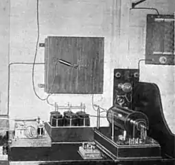 Standard Marconi inductively coupled transmitter on ship 1902. Spark gap is in front of induction coil, lower right. The spiral oscillation transformer is in the wooden box on the wall above the Leyden jars.