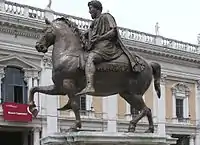 A closeup of the replica statue of Roman Emperor, Marcus Aurelius, 1981; the original c. 200 AD is in the nearby Capitoline Museum, Rome