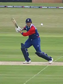 The popping crease is visible here, with England's Marcus Trescothick playing a shot that has involved him moving forward over his own crease to intercept the ball. In taking a successful run, he must ground his bat behind the corresponding crease at the other end of the pitch, and his batting partner must in turn ground himself behind Trescothick's crease. Should Trescothick have ventured beyond his crease in playing his shot, he risked being stumped.