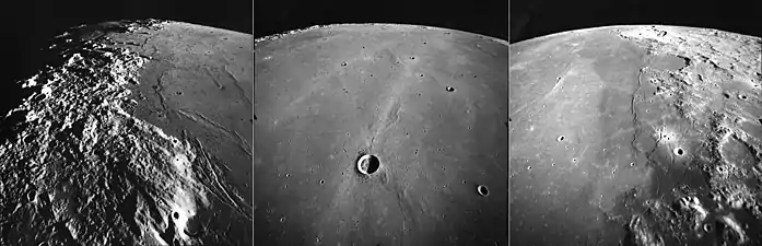 These are three views of Mare Serenitatis, taken by the mapping camera of the Apollo 17 mission in 1972, facing north-northeast from an average altitude of 107 km.  At the right is the east margin of Mare Serenitatis, with the 95 km diameter crater Posidonius at the central horizon, the basalt-flooded Le Monnier crater to the south, the mare ridge (or wrinkle ridge) Dorsa Aldrovandi at center, Littrow crater at the right, and the landing site of Apollo 17 in the lower right corner in the Taurus–Littrow valley. In the center is the relatively small crater Bessel (16 km), and two prominent rays probably from the Tycho impact far to the south. At the left is the western margin of the mare, with the Caucasus Mountains at the central horizon, the Apennine Mountains at left, and the Sulpicius Gallus Rilles at the lower right. The Sun elevation drops from 24 degrees at right to 5 degrees at left as the Command Module America orbited the Moon.