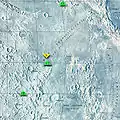 Map of the Sea of Tranquility, showing the landing sites of Apollo 11, Apollo 16, Apollo 17, and Surveyor 5. To the southeast is Mare Fecunditatis, to the northeast is Mare Crisium, to the northwest is Mare Serenitatis, and to the south is Mare Nectaris.