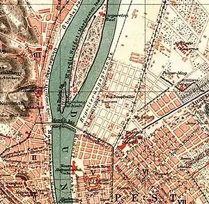 Margaret Island in 1888: the bridge was not connected to the island; future Újlipótváros streets shown on map