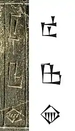"Country of Mari" (Cuneiform: 𒈠𒌷𒆠, Mari-ki), on the statue of Iddi-Ilum
