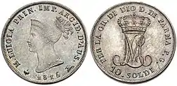 Ten soldi coin of Parma, 1815, bearing the head of Marie Louise on the obverse and her "ML" monogram on the reverse