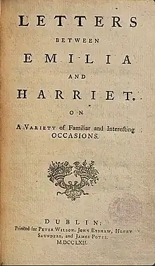 Title page of Maria Susanna Cooper's Letters between Emilia and Harriet (Dublin 1762)